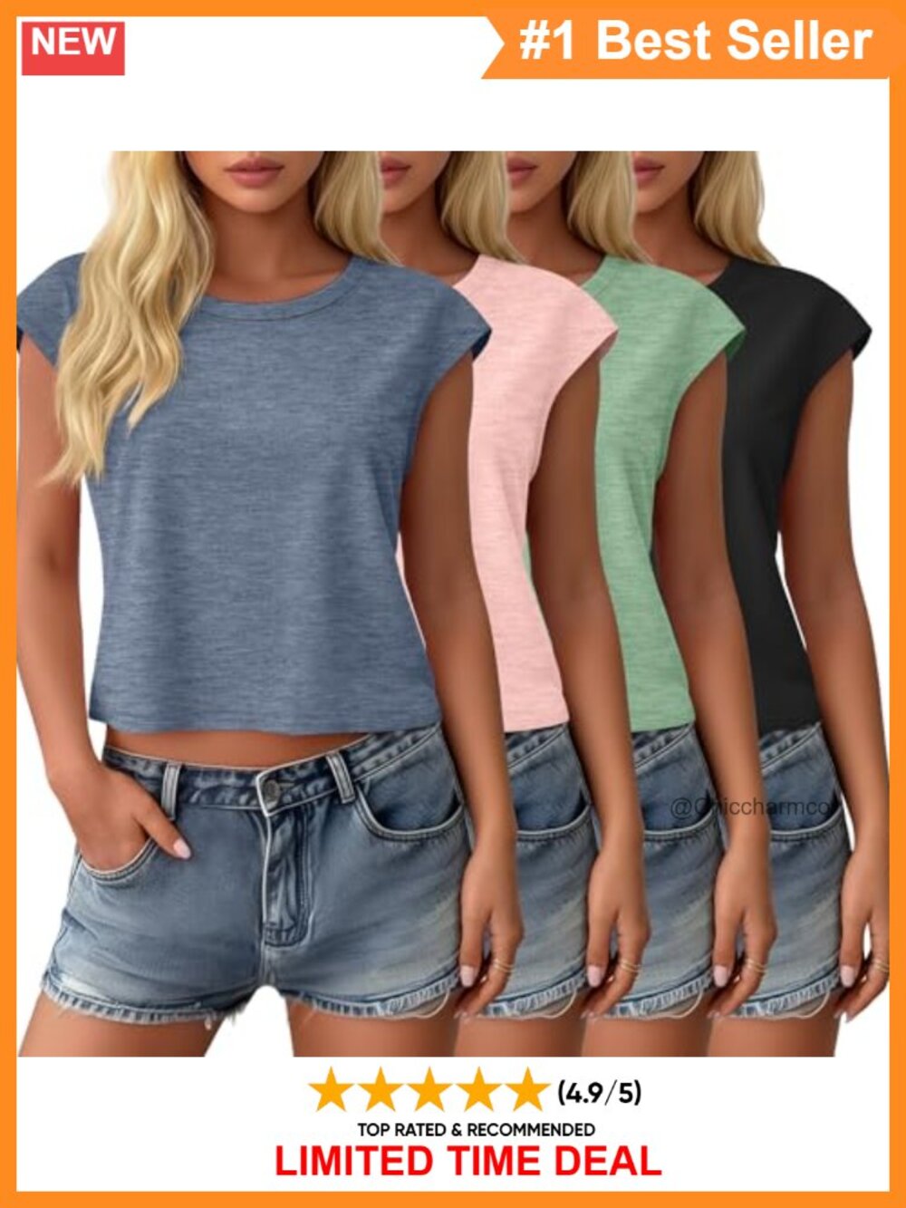 4 Pack Women's Cap Sleeve Crop Tops Crewneck Loose Fit Summer Casual
